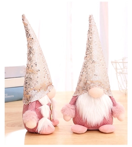 Detail of pink Christmas gnomes with champagne sequin hats and soft plush beards
