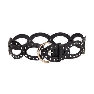 Vintage hollow PU leather belt with silver studs and golden D-ring buckle on white base