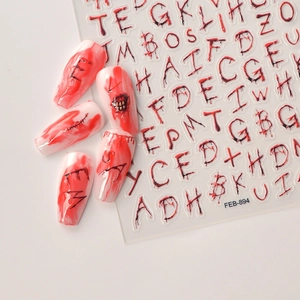 3D Halloween nail stickers with bloody alphabet letters and stitches for party manicure