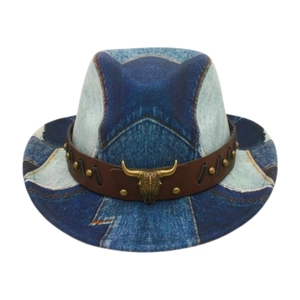 Close-up of blue denim kids cowboy hat with leather band and metal longhorn emblem
