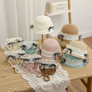 Chapeau De Paille Et Sac Pour Enfants Dentelle Douce Nœud Protection Solaire Été Plage Respirant Extérieur Filles