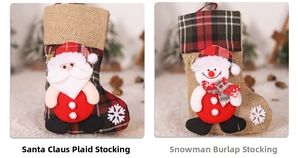 Detail of Santa and Snowman Christmas stockings made of burlap and plaid fabric