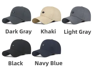 Detailed view of men's casual baseball caps in dark grey, khaki, light grey, black, and navy