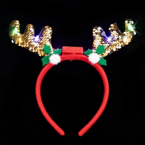 LED Christmas reindeer antler headband with gold sequins and colorful glowing lights