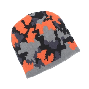 Detail of knit pixel camo beanie featuring vibrant orange and grey patterns for winter