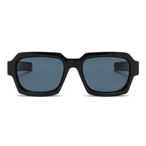 Modern rectangular thick frame sunglasses with black glossy finish and blue-grey lenses
