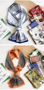 Detail of silk skinny scarf with geometric patterns and floral motifs in vibrant colors