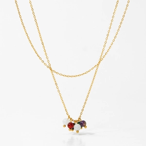 Double-layered gold stainless steel necklace with multi-colored natural stone beads for women