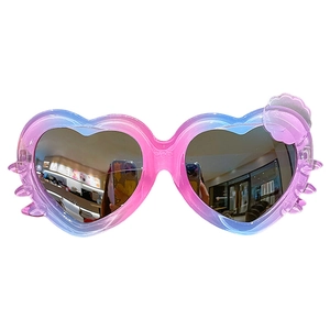 Pink and purple gradient heart-shaped sunglasses for girls with cat whiskers and bow detail