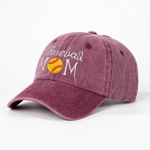 Washed cotton Baseball Mom ponytail cap in dark burgundy with vintage embroidery