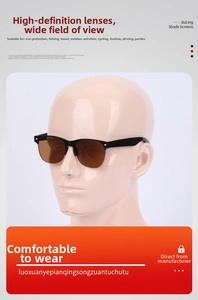 Macro detail of retro semi-rimless sunglasses on model with brown resin lenses and black frame