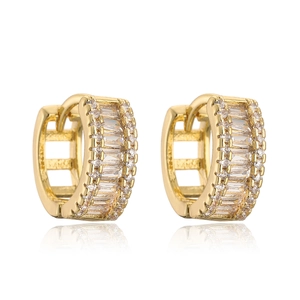 Gold plated huggie hoop earrings with baguette and round cut cubic zirconia stones