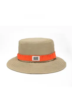 Front view of khaki quick-dry sun hat with orange strap and white brand label