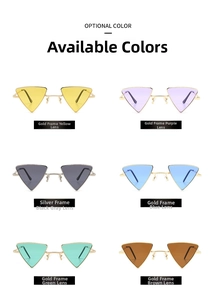 Matrix of triangular sunglasses in various metal frames and multi-colored lenses