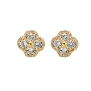 Elegant gold four-leaf clover stud earrings inlaid with sparkling zircon crystals