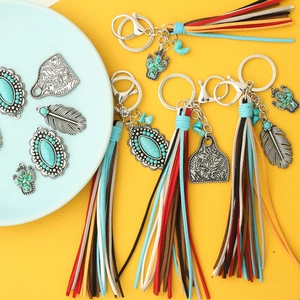 Western style keychains with cactus feather charms turquoise and colorful leather tassels