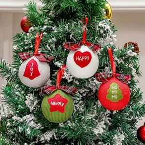Knitted Christmas Ball Ornaments Plaid Bow Plush Fabric Tree Hanging Pendants Festive Holiday Embroidery Home Decor