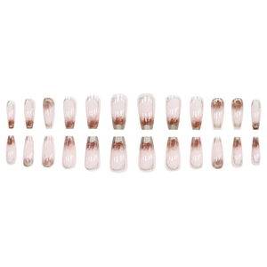 Long coffin fake nails with pink marble texture and elegant gold metallic edging details