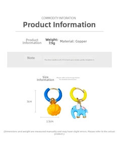 Size chart showing asymmetric elephant earrings dimensions 3x1.5cm and copper material