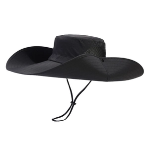 Quick-dry black wide-brim sun hat with adjustable chin strap and breathable mesh vents