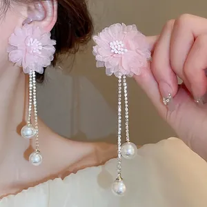 Long Tassel Earrings Mesh Flower Rhinestone Chains Faux Artificial Pearls 925 Sterling Silver Earring Post Korean Sweet Floral Women