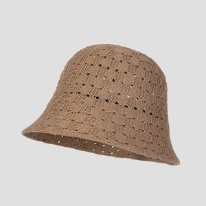 Macro detail of breathable hollow knit pattern on a khaki summer bucket sun hat