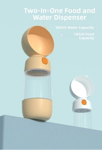 Detail of 2-in-1 pet water bottle with 565ml water and 182ml food storage capacity