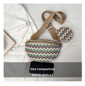Close-up of bohemian knit crossbody bag set with woven pattern and size comparison