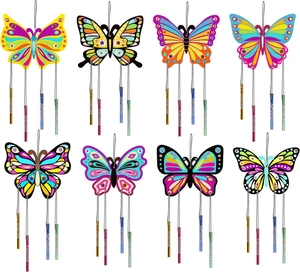 Set of 8 colorful butterfly wooden wind chimes with vibrant metal tubes for kids DIY crafts