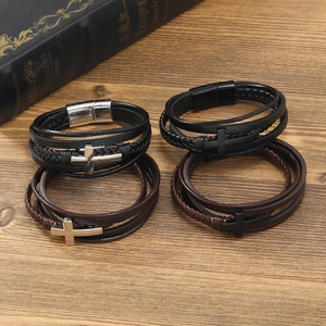 Men's multilayer braided leather cross bracelets with magnetic clasp in black and brown