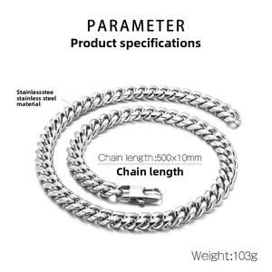 Detail of 10mm silver stainless steel cuban chain necklace with lobster clasp and 500mm length