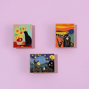 Detailed set of 3 cat pins inspired by famous oil paintings on a purple background