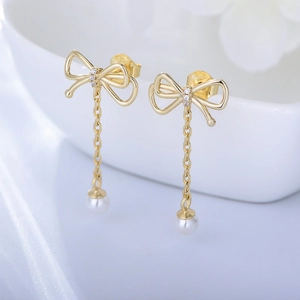 Elegante Schleife Quaste Künstliche Perlenohrringe Mit 925 Sterling Silber Ohrstecker Zirkonia Luxus Schmuck Für Frauen