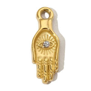 Detailed view of a golden Hamsa hand pendant with a clear zircon stone setting