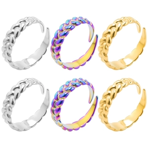 Stainless Steel Braided Open Ring Vintage Twist Wheat Adjustable Band For Men Women Gold Silver Rainbow Retro Style Jewelry