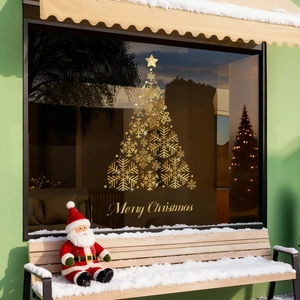 Christmas Window Stickers Golden Snowflake Tree Static Clings Glue Free Glass Door Decals Double Sided Holiday Decor