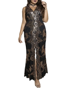 Elegante abito da sera senza maniche con scollo a V, ricamo di paillettes dorate e vestibilità slim