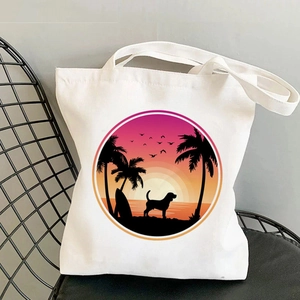 Beagle dog yoga canvas tote bag in off-white featuring a beach sunset silhouette print