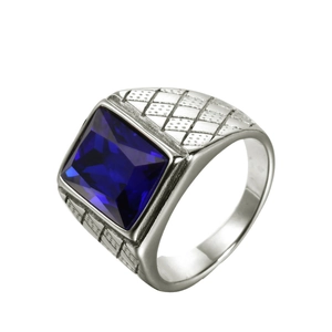 Vintage silver titanium ring with square blue gemstone and textured geometric band