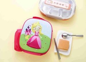Pink cartoon princess lunch bag with mesh pocket and waterproof fabric for kids