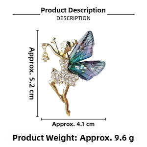 Detailed fairy brooch dimensions: 5.2cm height, 4.1cm width, 9.6g weight on white background