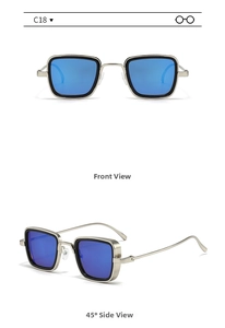 Macro detail of retro square metal sunglasses with blue lenses and double bridge design