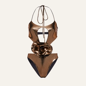 Metallic bronze one-piece swimsuit with cutout waist and large 3D floral decoration