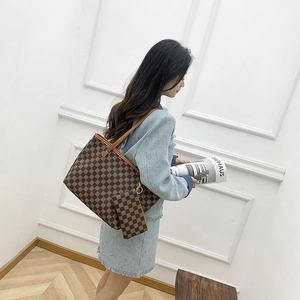 Brown checkerboard large tote bag with matching pouch and stylish wallet pendant