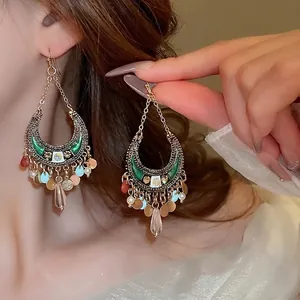 Bohemian Ethnic Crescent Moon Drop Earrings Alloy Enamel Multi Color Resin Beads Tassel Sequin Vintage Jewelry Women