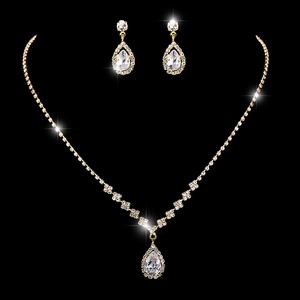 Elegant gold-tone teardrop crystal necklace and earring set for bridal wedding events
