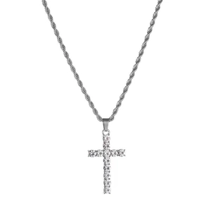 Collier Pendentif Croix en Acier Inoxydable Hip Hop Zircone Chaîne de Corde Bijoux Argent pour Hommes Femmes Fête Accessoire