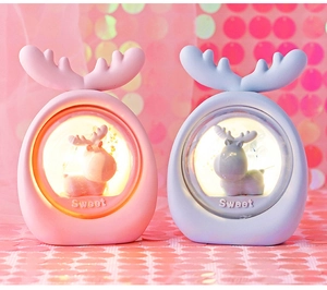 Detail of pink and blue unicorn night lights with LED glow on sequin background