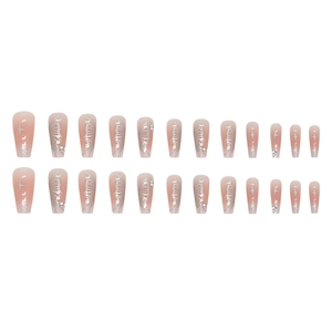 Long ballet press-on nails with pink gradient, silver butterflies and rhinestone accents
