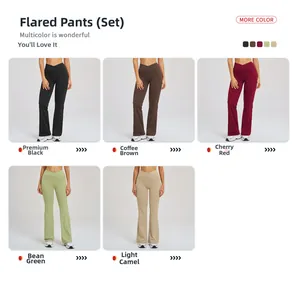 Detail of high-waist flare yoga pants set in black, coffee, red, green and camel colors